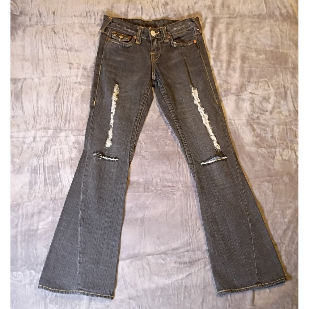 Vintage True Religion Joey Flare Jeans W 26‎ Dark Wash Distressed Low Rise Y2K